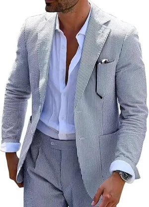 Mens Seersucker Summer Suits 2 Pieces Blazer Pants Suit for Wedding Mens Formal Suits Slim Fit Chic