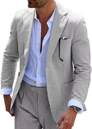 Mens Seersucker Summer Suits 2 Pieces Blazer Pants Suit for Wedding Mens Formal Suits Slim Fit Chic