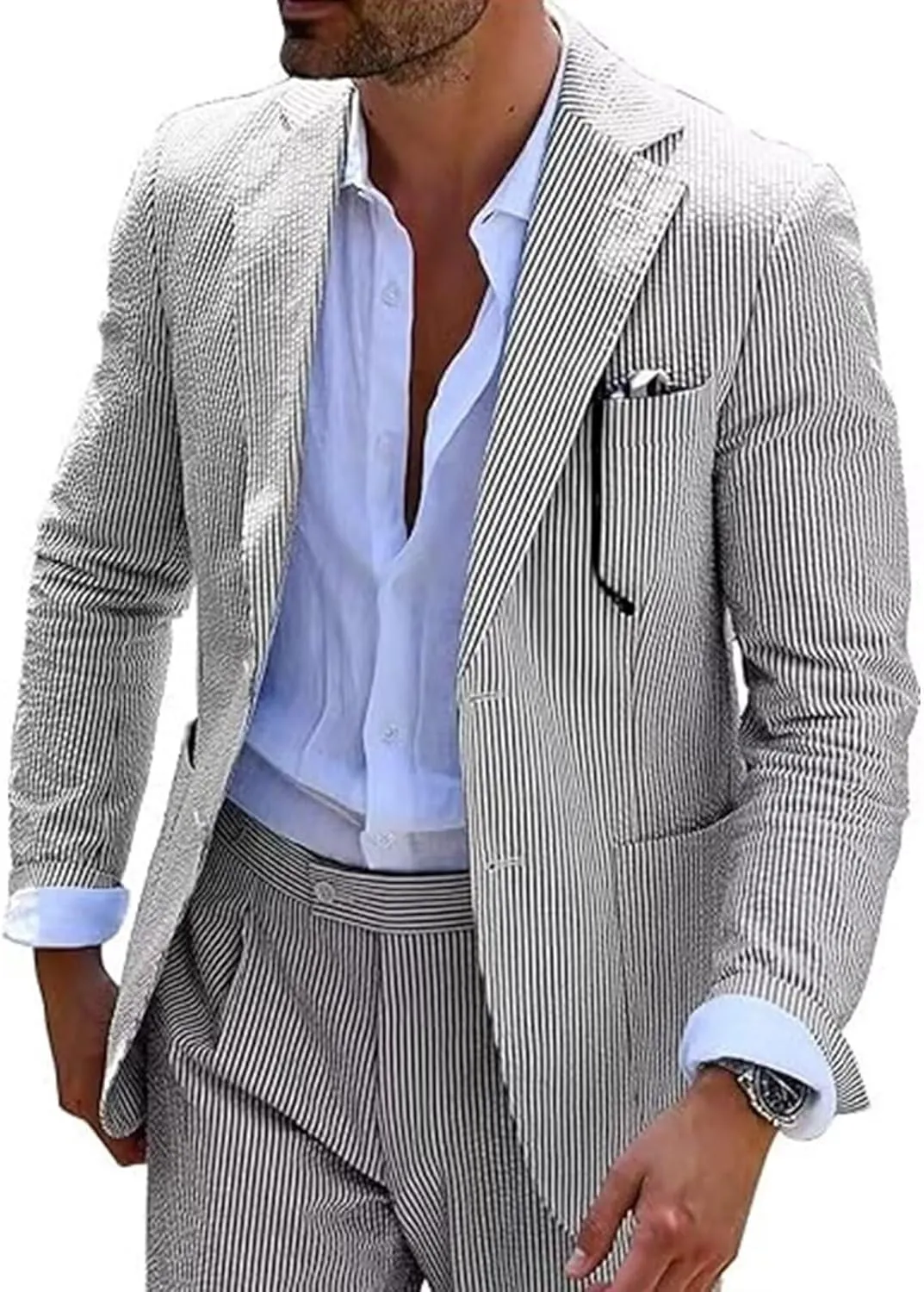 Mens Seersucker Summer Suits 2 Pieces Blazer Pants Suit for Wedding Mens Formal Suits Slim Fit Chic