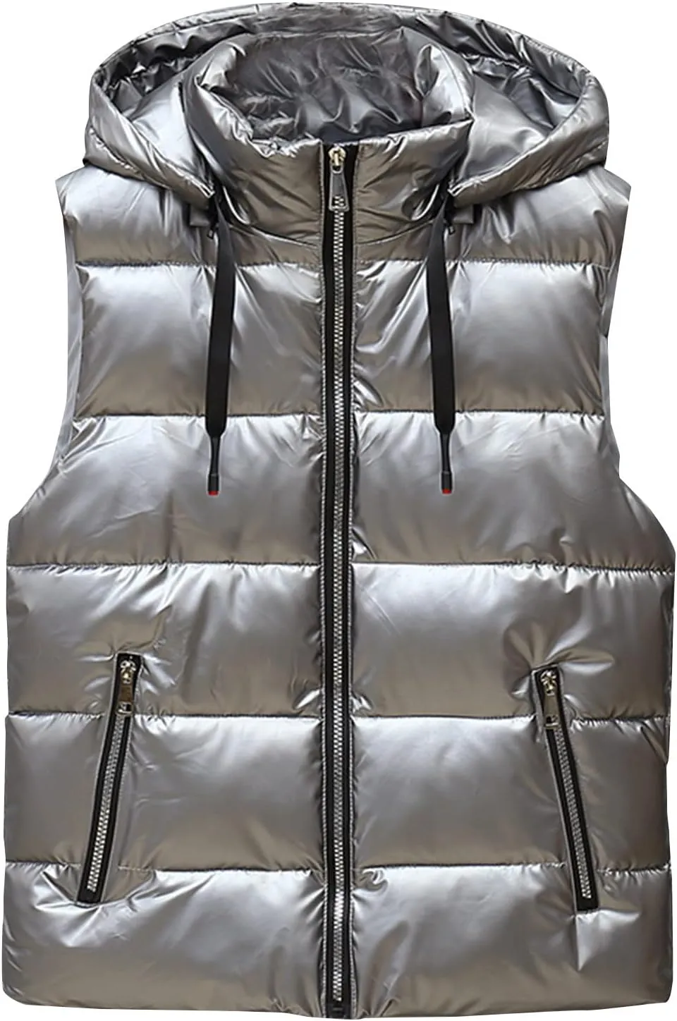 Mens Shiny Metallic Puffer Vest Winter Warm Coat Hoodie Outerwear Sleeveless Jacket Down Puffy Jacket With Pockets
