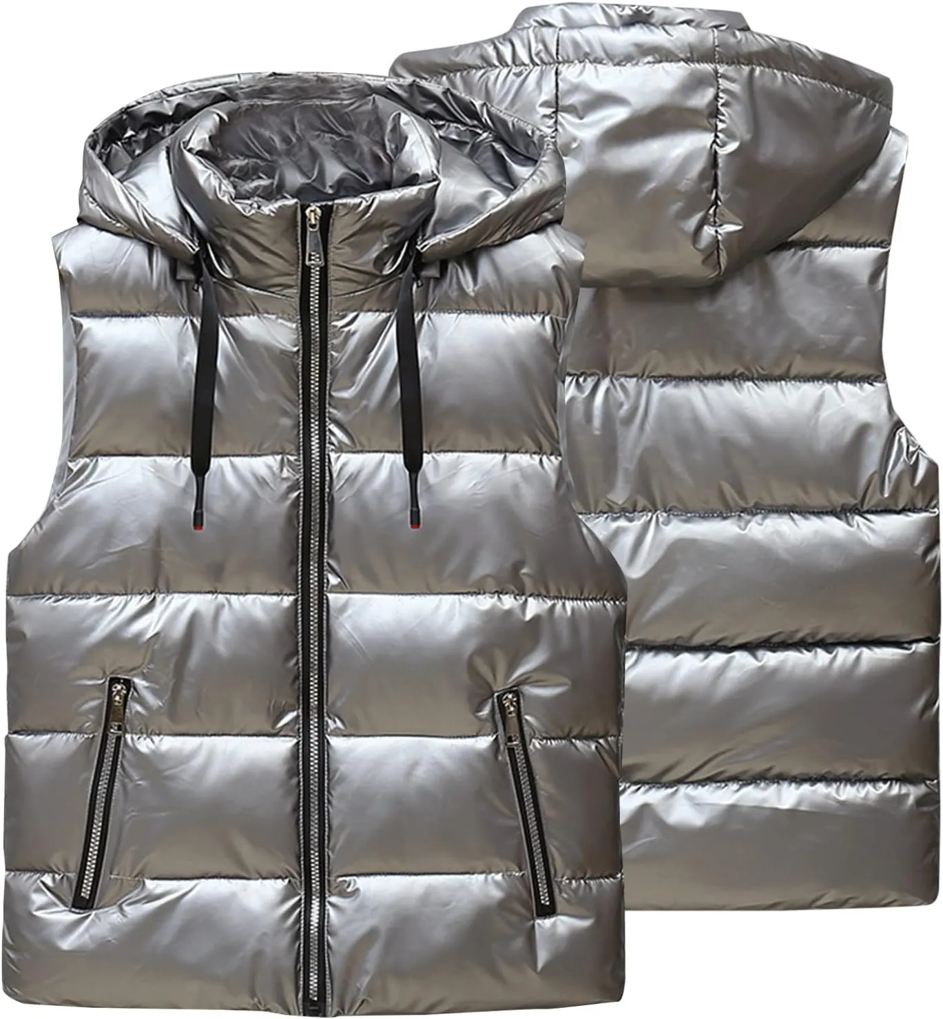 Mens Shiny Metallic Puffer Vest Winter Warm Coat Hoodie Outerwear Sleeveless Jacket Down Puffy Jacket With Pockets