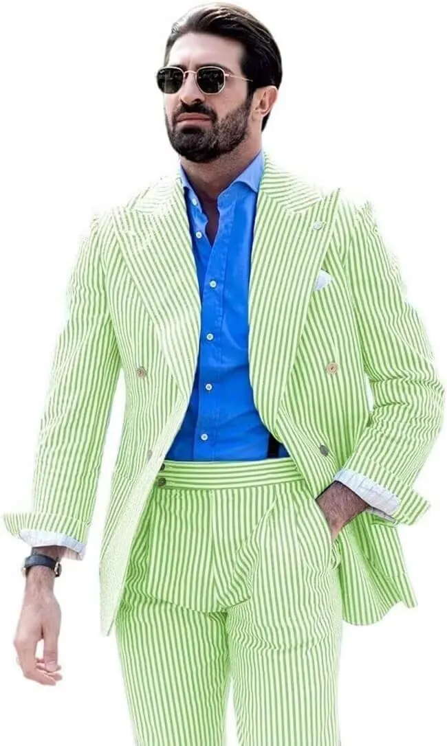 Men's Striped Seersucker Suits 2 Piece Slim Fit Wedding Tuxedo Summer Beach Leisure Suits Sets