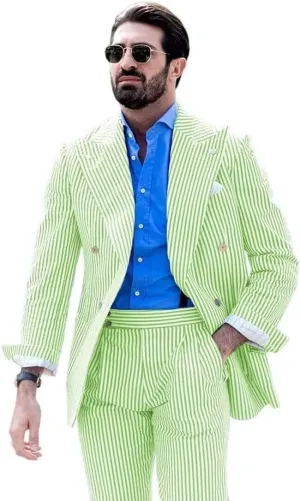 Men's Striped Seersucker Suits 2 Piece Slim Fit Wedding Tuxedo Summer Beach Leisure Suits Sets