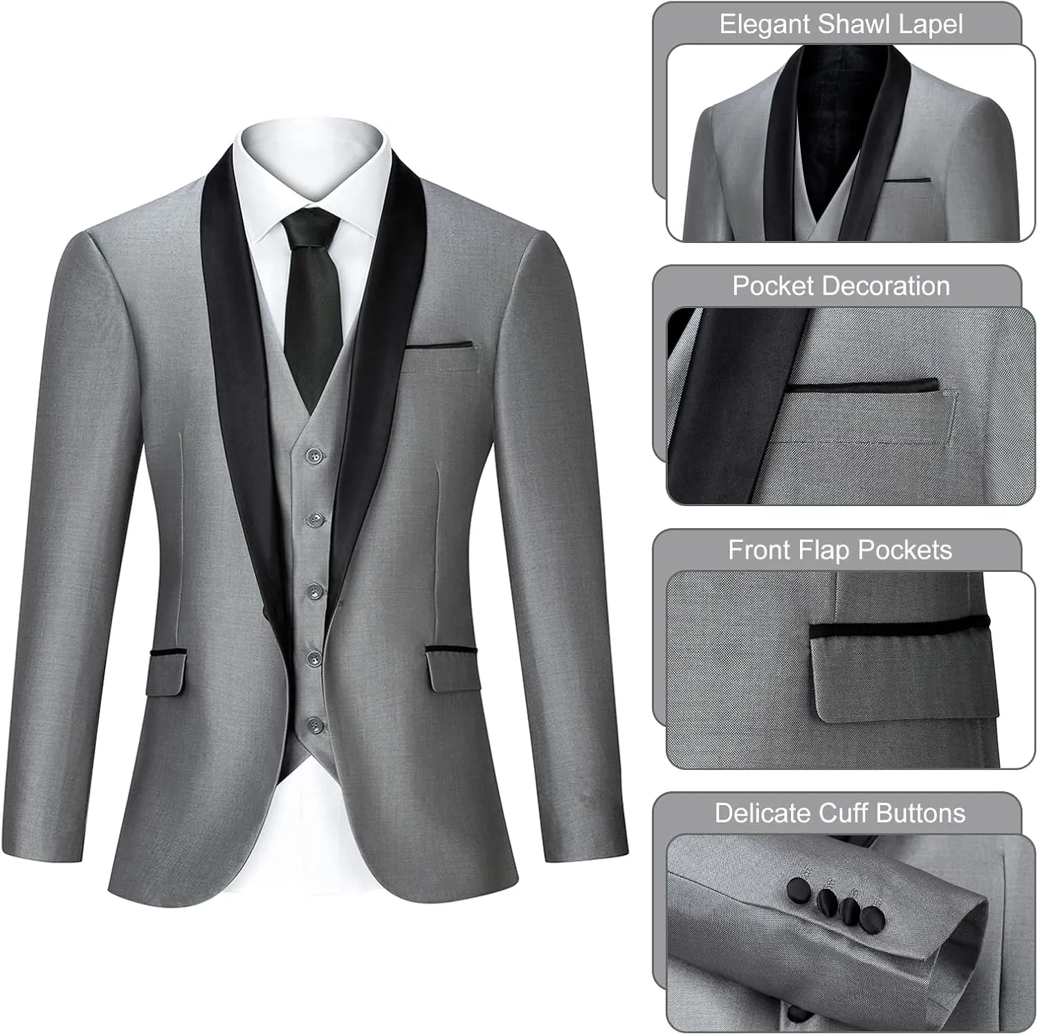 Men's Suit Slim Fit 3 Piece Suits for Men, One Button Solid Shawl Lapel Blazer Jacket Vest Set for Party Wedding