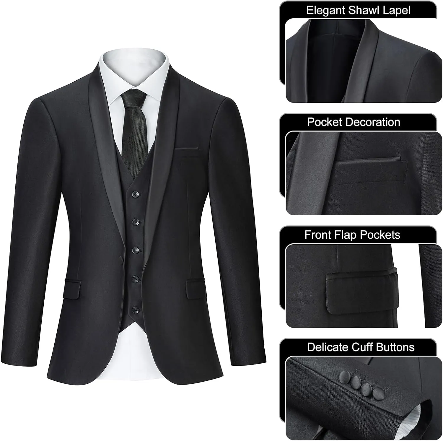 Men's Suit Slim Fit 3 Piece Suits for Men, One Button Solid Shawl Lapel Blazer Jacket Vest Set for Party Wedding