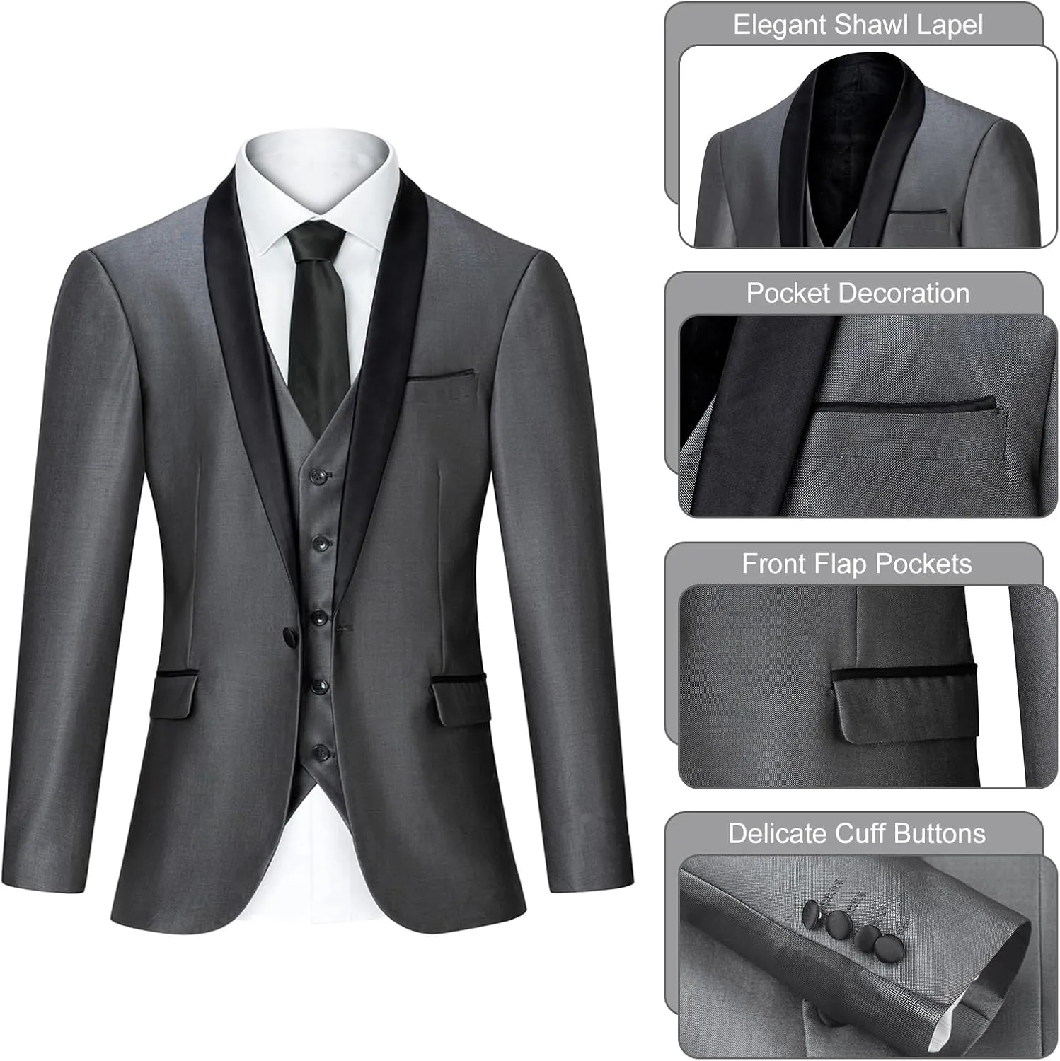 Men's Suit Slim Fit 3 Piece Suits for Men, One Button Solid Shawl Lapel Blazer Jacket Vest Set for Party Wedding