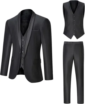 Men's Suit Slim Fit 3 Piece Suits for Men, One Button Solid Shawl Lapel Blazer Jacket Vest Set for Party Wedding