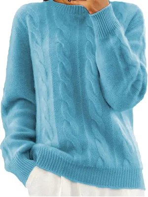 Miyaomn Hoodies for Women Stylish Twisted Cable Knit Pullover Sweaters for Women Long Sleeve Crew Neck Jumper Tops Slim Fit Casual Plain Blouse(Blue,Large)