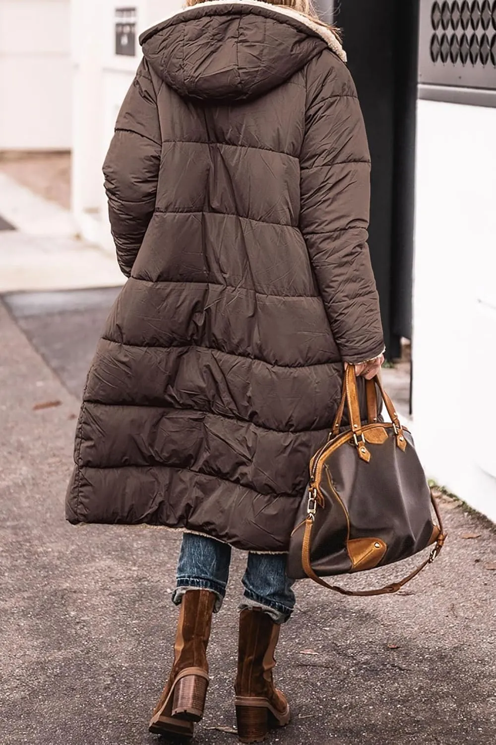 Mmoneyake Womens Reversible Sherpa Fleece Puffer Jackets Warm Winter Coats Zip Up Fall Long Hooded Outerwear Fashion Overcoat