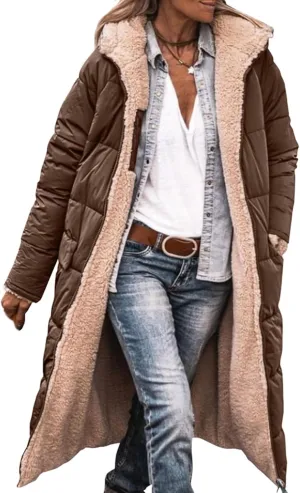 Mmoneyake Womens Reversible Sherpa Fleece Puffer Jackets Warm Winter Coats Zip Up Fall Long Hooded Outerwear Fashion Overcoat