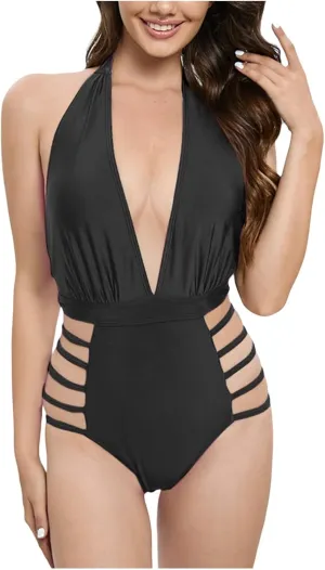 Monokini Swimsuits for Women Vintage Ruffle Lace Bathing Suits Halter Swimsuits Color Block Drawstring Swim Suits