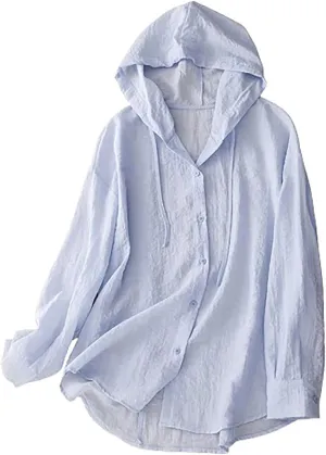 Mzkdieey Women's Cotton Linen Sun Protection Hoodie Jacket Drawstring Long Sleeve Button Down T-Shirts Oversized Cover Ups