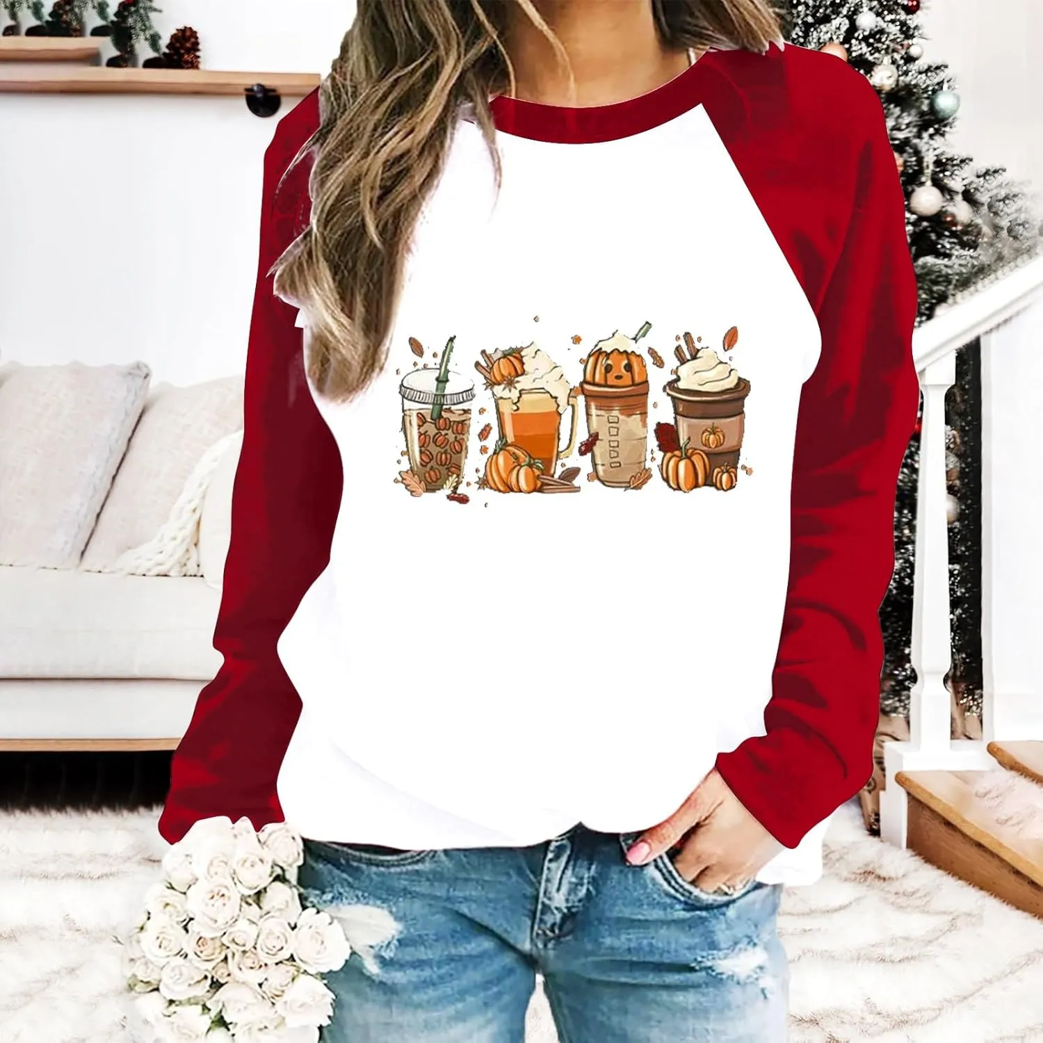 Oversized Sweatshirt for Women Halloween Graphic Cute T Shirts Long Sleeve Crew Neck Color Block Loose Casual Tops