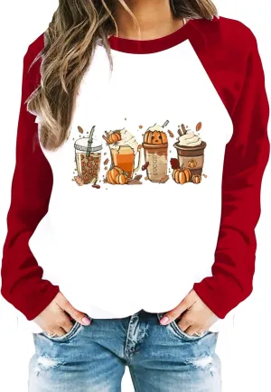 Oversized Sweatshirt for Women Halloween Graphic Cute T Shirts Long Sleeve Crew Neck Color Block Loose Casual Tops