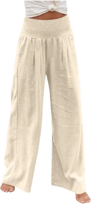 PANOEGSN Tummy Control Pants Women's Casual Straight Leg Pants Elastic High Waist Active Pants Dressy Solid Color Trousers