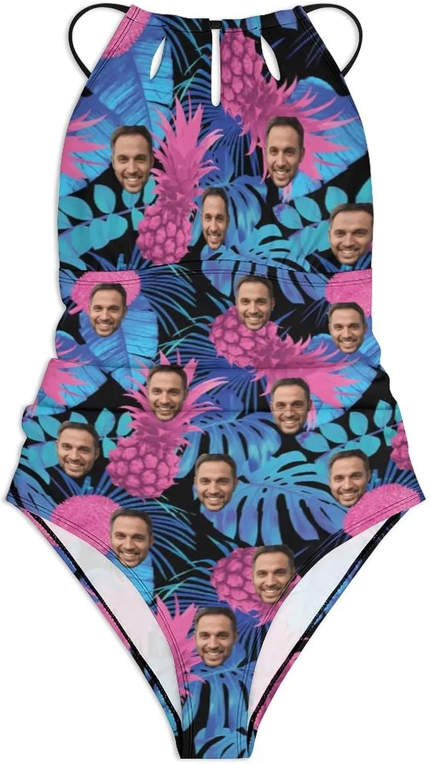 Personalized Face Women's One Piece Swimsuit Tummy Control Bathing Suits Flamingo Sexy Swim Suits Crisscross Back Swimwear