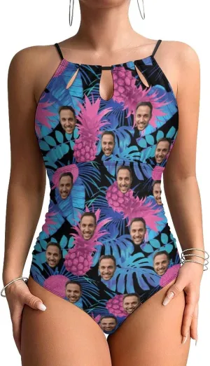 Personalized Face Women's One Piece Swimsuit Tummy Control Bathing Suits Flamingo Sexy Swim Suits Crisscross Back Swimwear