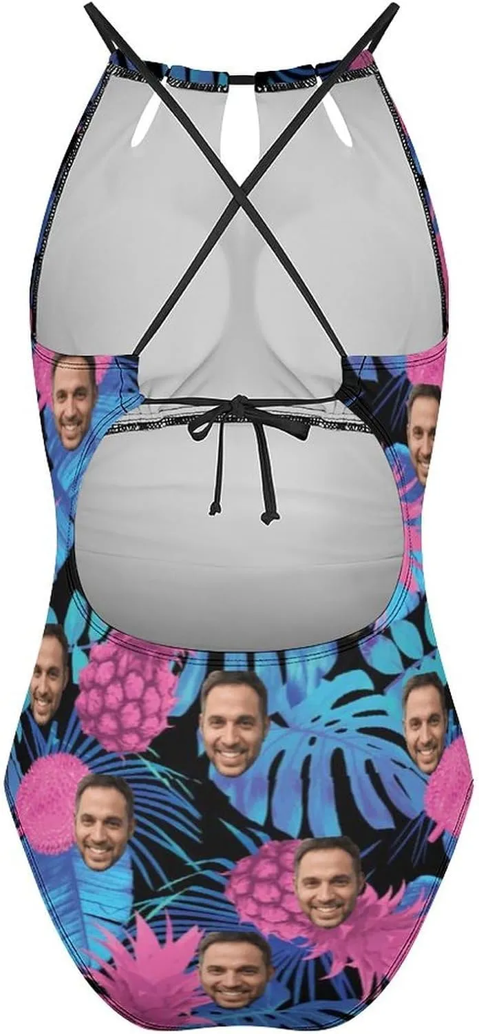 Personalized Face Women's One Piece Swimsuit Tummy Control Bathing Suits Flamingo Sexy Swim Suits Crisscross Back Swimwear