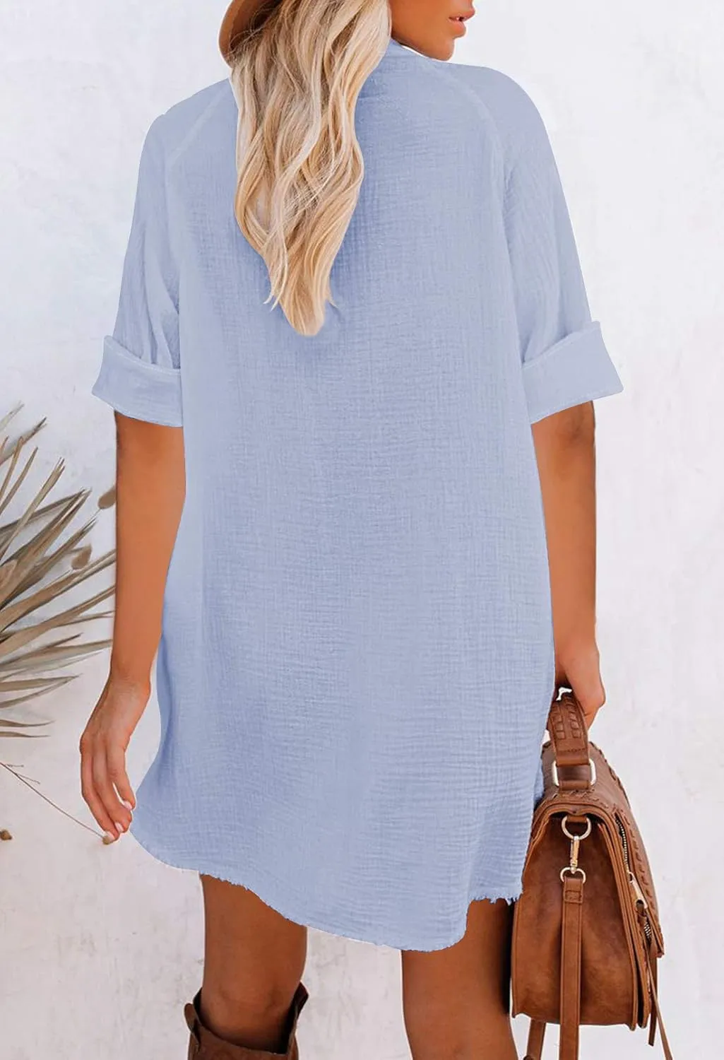 Pink Queen Women's V Neck Long Sleeve Button Down Blouse Tunic Shirt Mini Dress with Pockets
