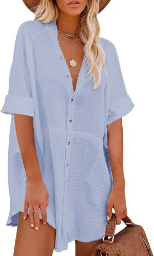 Pink Queen Women's V Neck Long Sleeve Button Down Blouse Tunic Shirt Mini Dress with Pockets