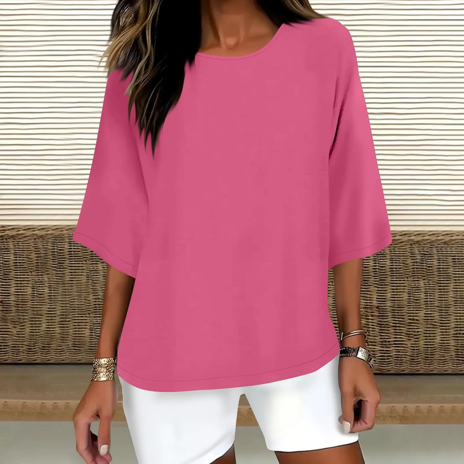 Plus Size Drop Shoulder Tunic Tops Women Cotton Linen Basic Crewneck T Shirts Summer Casual Loose Fit Beach Vacation Blouses
