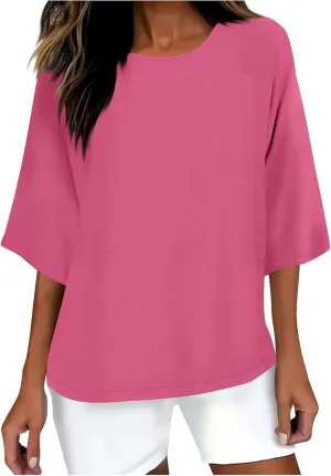 Plus Size Drop Shoulder Tunic Tops Women Cotton Linen Basic Crewneck T Shirts Summer Casual Loose Fit Beach Vacation Blouses