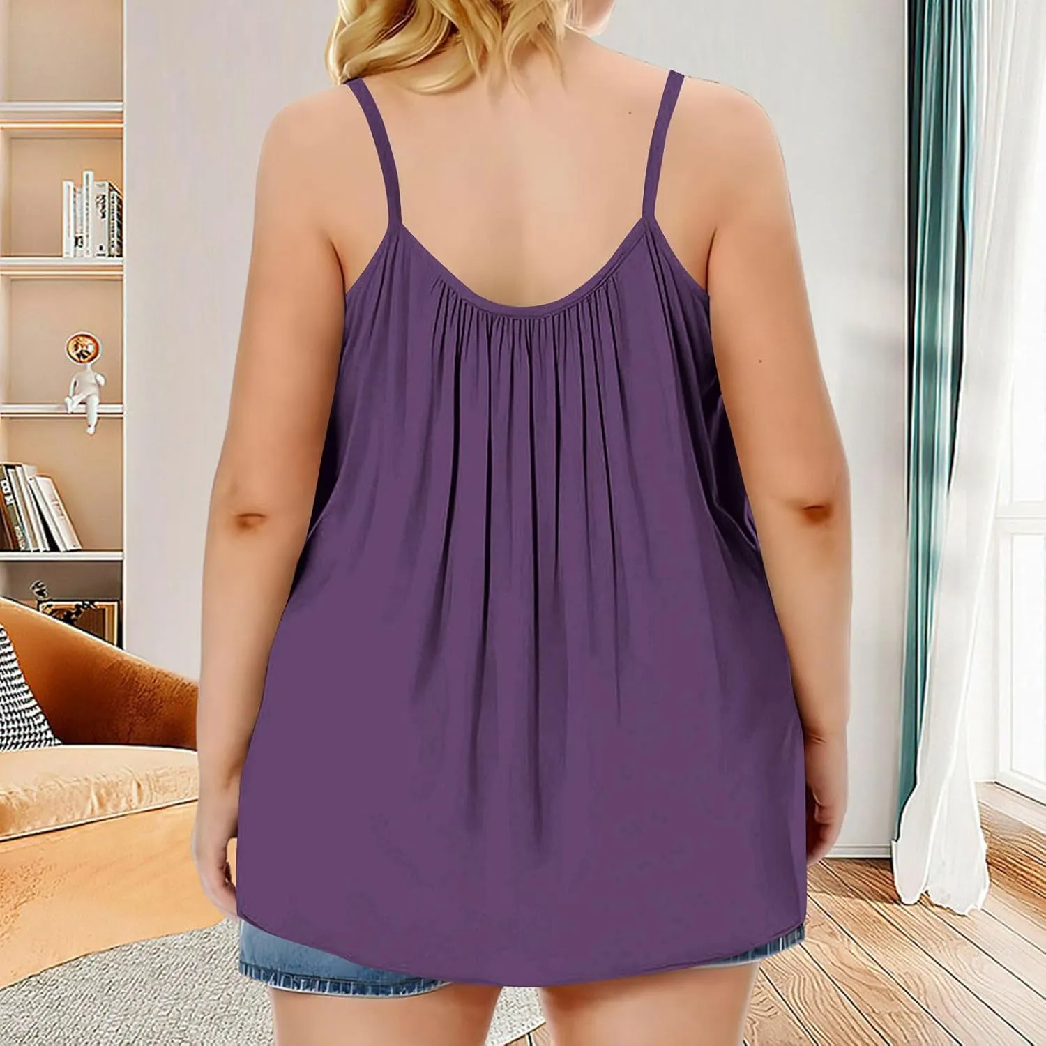 Plus Size Sleeveless Tops for Women Summer Spaghetti Strap Camisole Pleated Front Casual Loose Flowy Tank Tops
