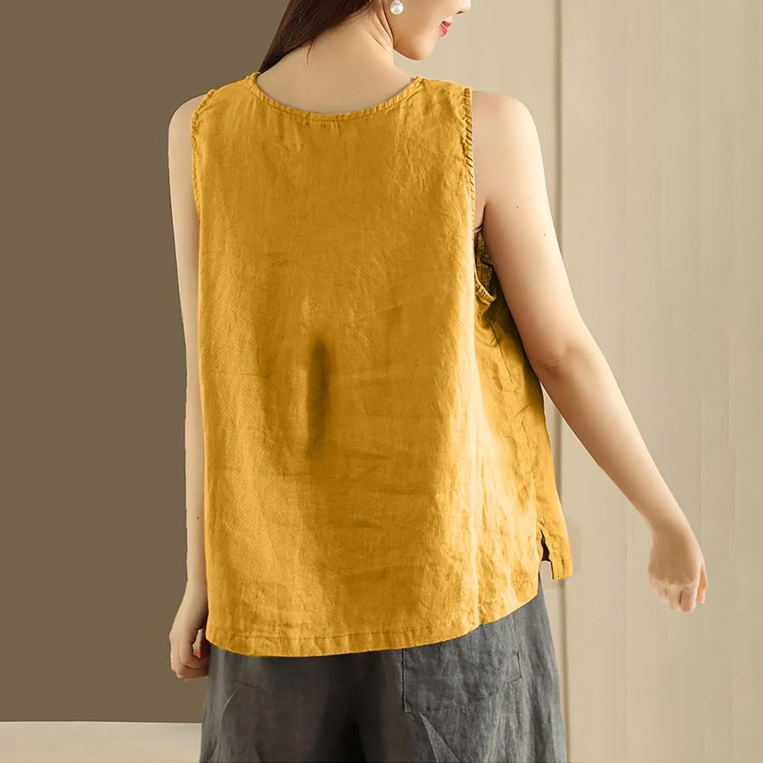 Plus Size Tank Tops Womens Summer Cotton Linen Sleeveless Button Decor Blouse Casual Fashion Loose Fit Beach Shirts