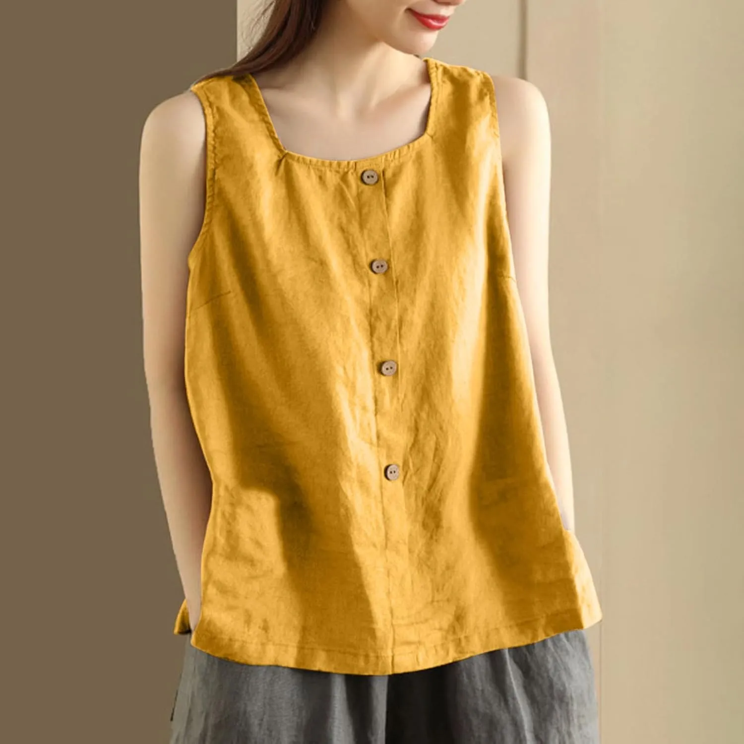 Plus Size Tank Tops Womens Summer Cotton Linen Sleeveless Button Decor Blouse Casual Fashion Loose Fit Beach Shirts