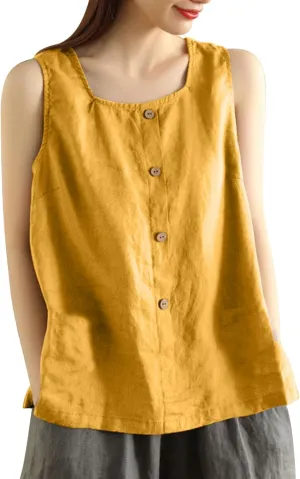 Plus Size Tank Tops Womens Summer Cotton Linen Sleeveless Button Decor Blouse Casual Fashion Loose Fit Beach Shirts