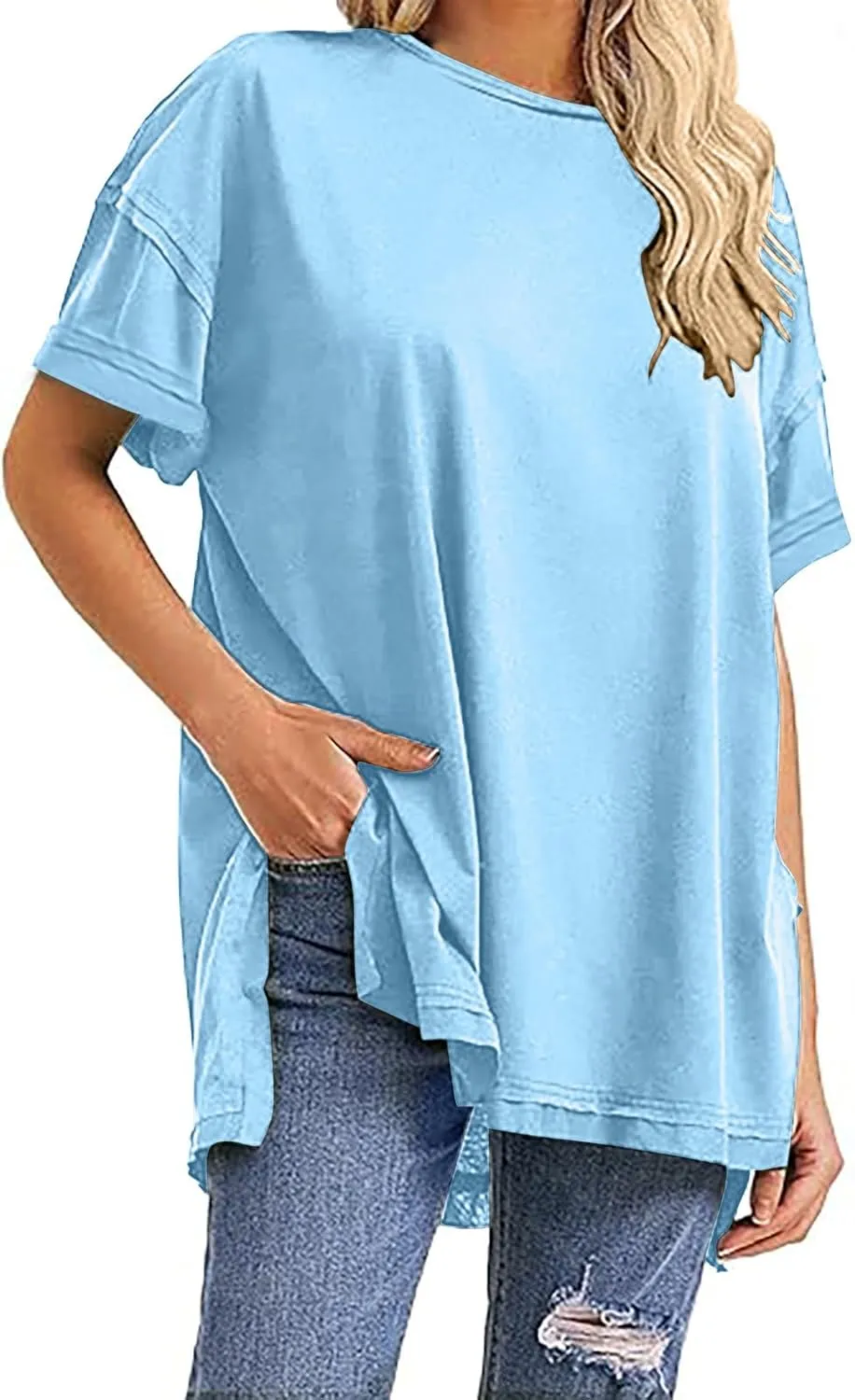 Plus Size Tops for Women Dressy Short Sleeve Split Oversized T-Shirts Casual Oversized Round Neck Tunic Shirt S-2XL