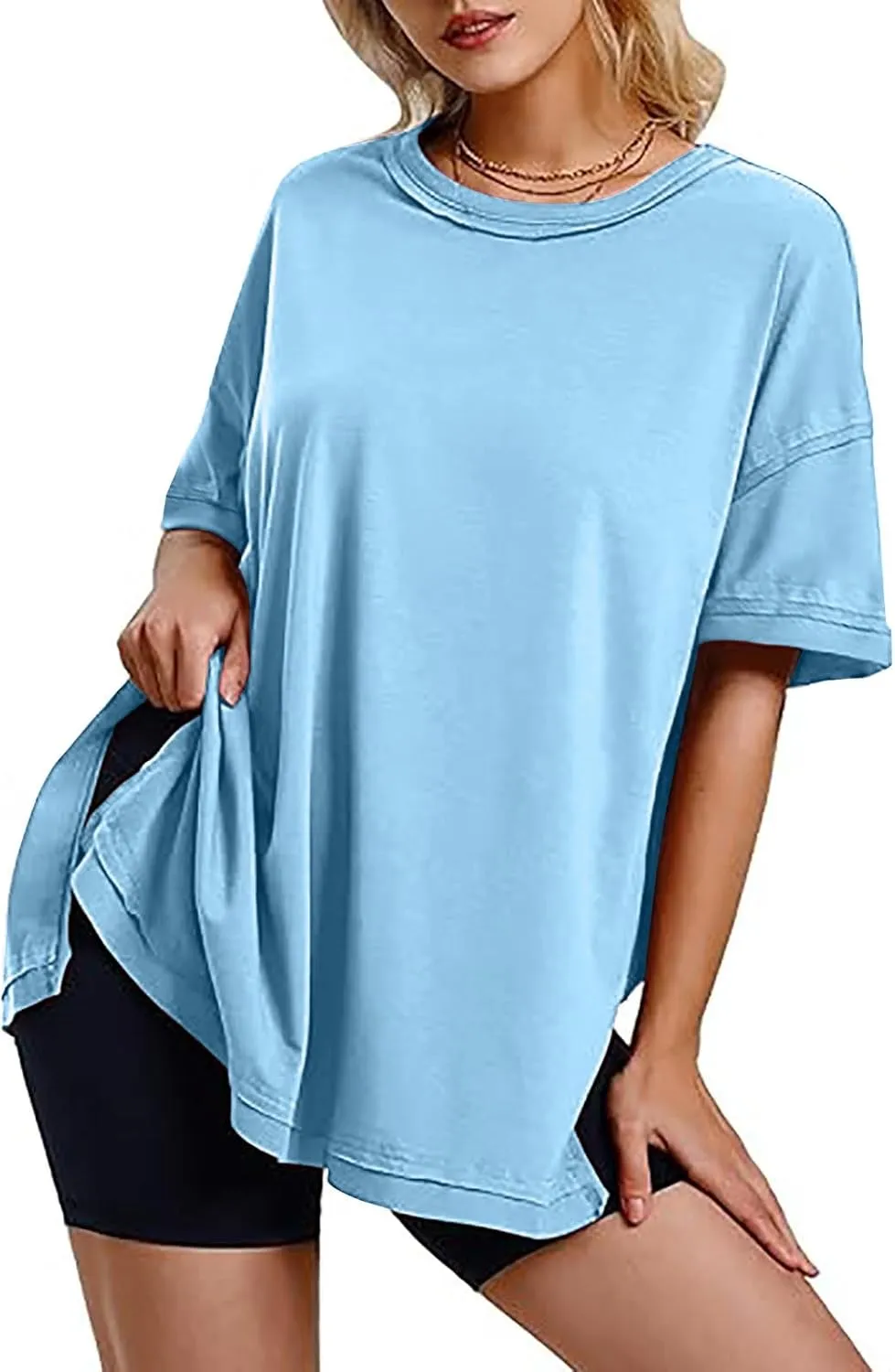 Plus Size Tops for Women Dressy Short Sleeve Split Oversized T-Shirts Casual Oversized Round Neck Tunic Shirt S-2XL