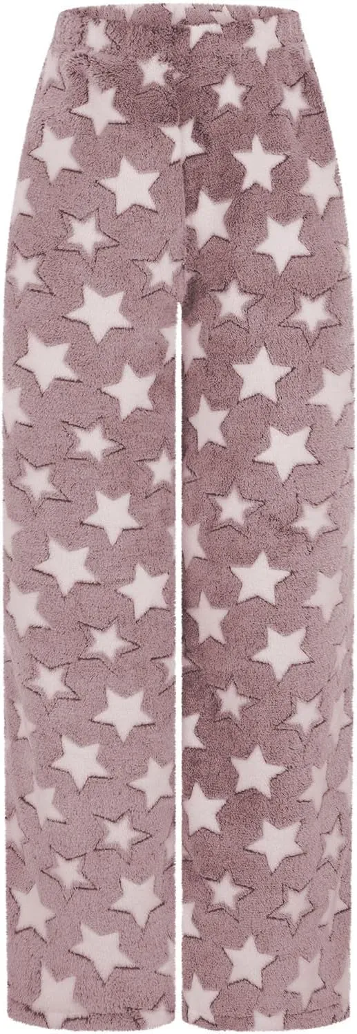 Plush Pajama Pants Women Fluffy Fleece Lounge Pants Fuzzy Warm Pj Bottoms Star Graphic Flannel Loungewear Pants