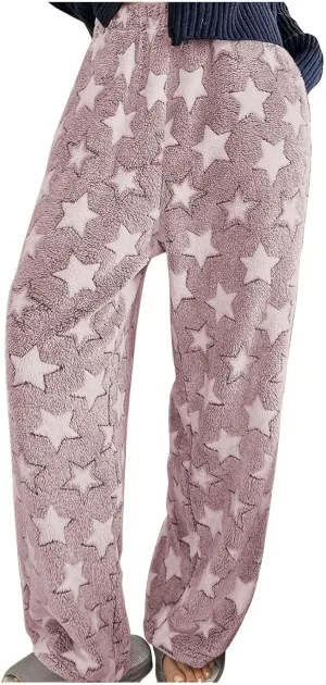 Plush Pajama Pants Women Fluffy Fleece Lounge Pants Fuzzy Warm Pj Bottoms Star Graphic Flannel Loungewear Pants