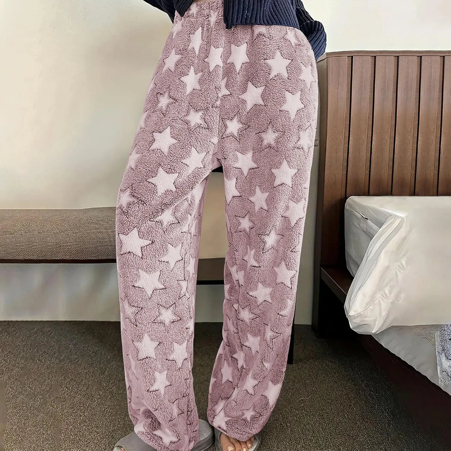 Plush Pajama Pants Women Fluffy Fleece Lounge Pants Fuzzy Warm Pj Bottoms Star Graphic Flannel Loungewear Pants