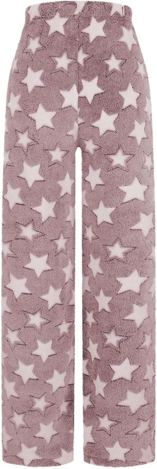 Plush Pajama Pants Women Fluffy Fleece Lounge Pants Fuzzy Warm Pj Bottoms Star Graphic Flannel Loungewear Pants