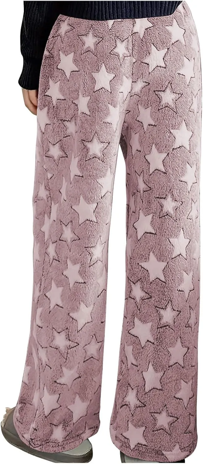 Plush Pajama Pants Women Fluffy Fleece Lounge Pants Fuzzy Warm Pj Bottoms Star Graphic Flannel Loungewear Pants