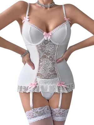popiv Women Lingerie Sets with Garter Belt 3 Piece Lace Teddy Babydoll Bodysuit