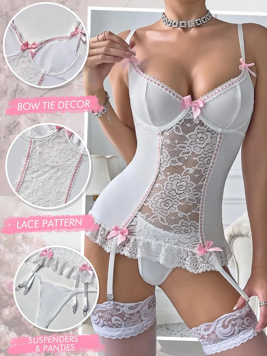 popiv Women Lingerie Sets with Garter Belt 3 Piece Lace Teddy Babydoll Bodysuit