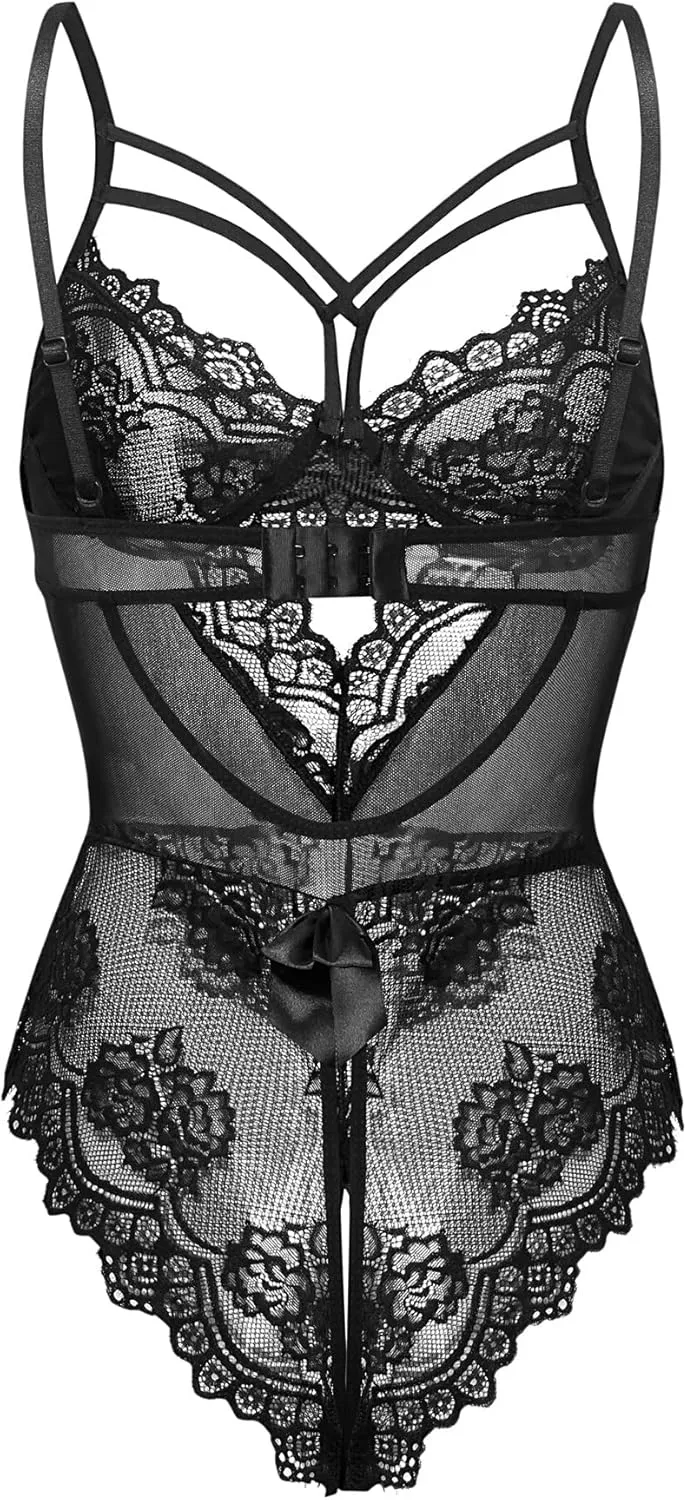 Pyroluna Women’s Lingerie One Piece Floral Lace Teddy Bodysuit Strappy Lingerie for Boudoir with Bow Cute Nightie