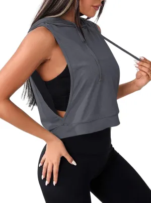 Remidoo Women's Sleeveless Hoodies Open Side Workout Activewear Crop Tank Top