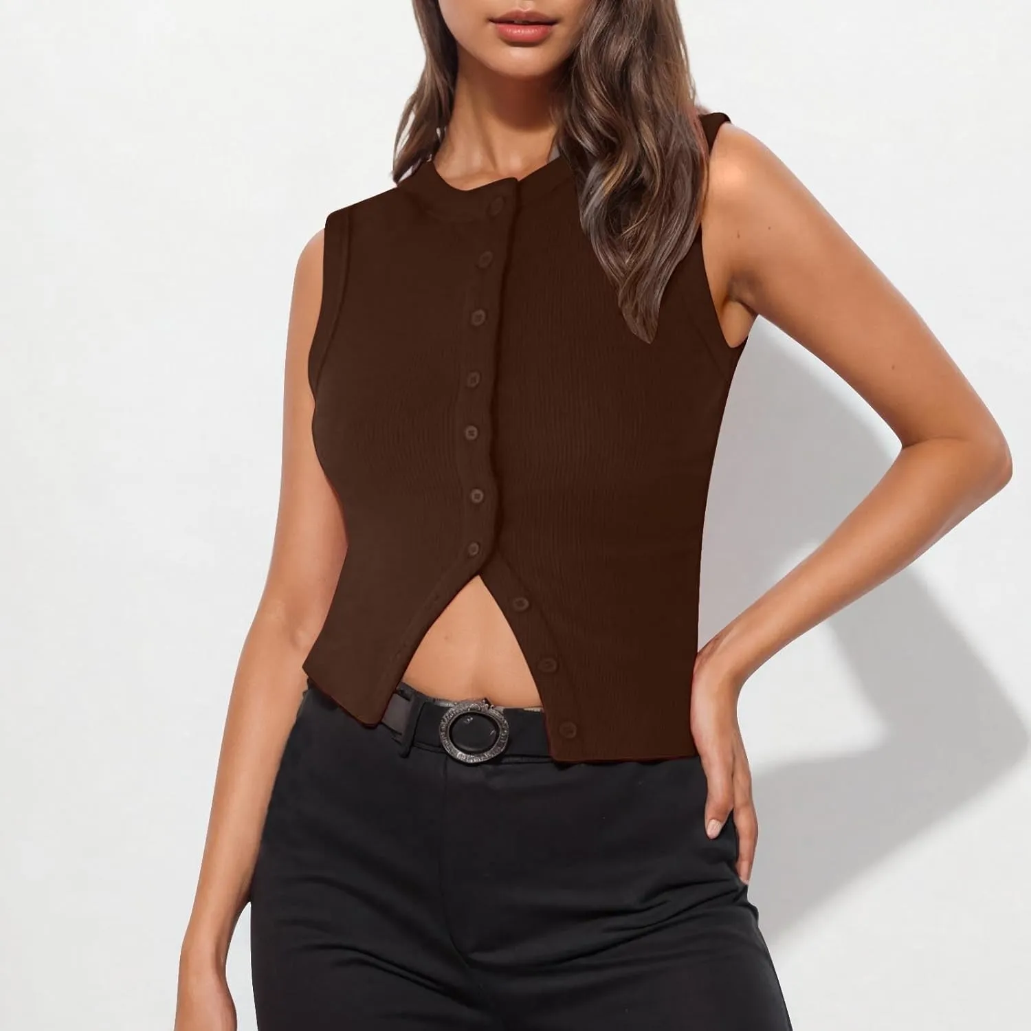 Ribbed Kint Tank Tops for Women Summer Button Front Sleeveless Cropped Shirts Casual Sexy Slim Fit Going Out Blouse