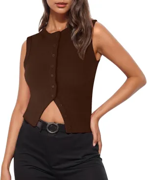 Ribbed Kint Tank Tops for Women Summer Button Front Sleeveless Cropped Shirts Casual Sexy Slim Fit Going Out Blouse