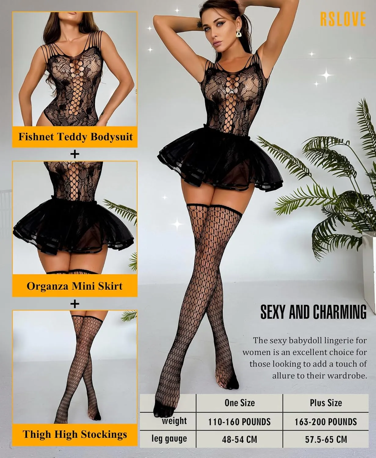RSLOVE Sexy Babydoll Lingerie - 3 Piece Exotic Lingerie Sets Fishnet Teddy Bodysuit with Thigh High Stockings and Mini Skirt