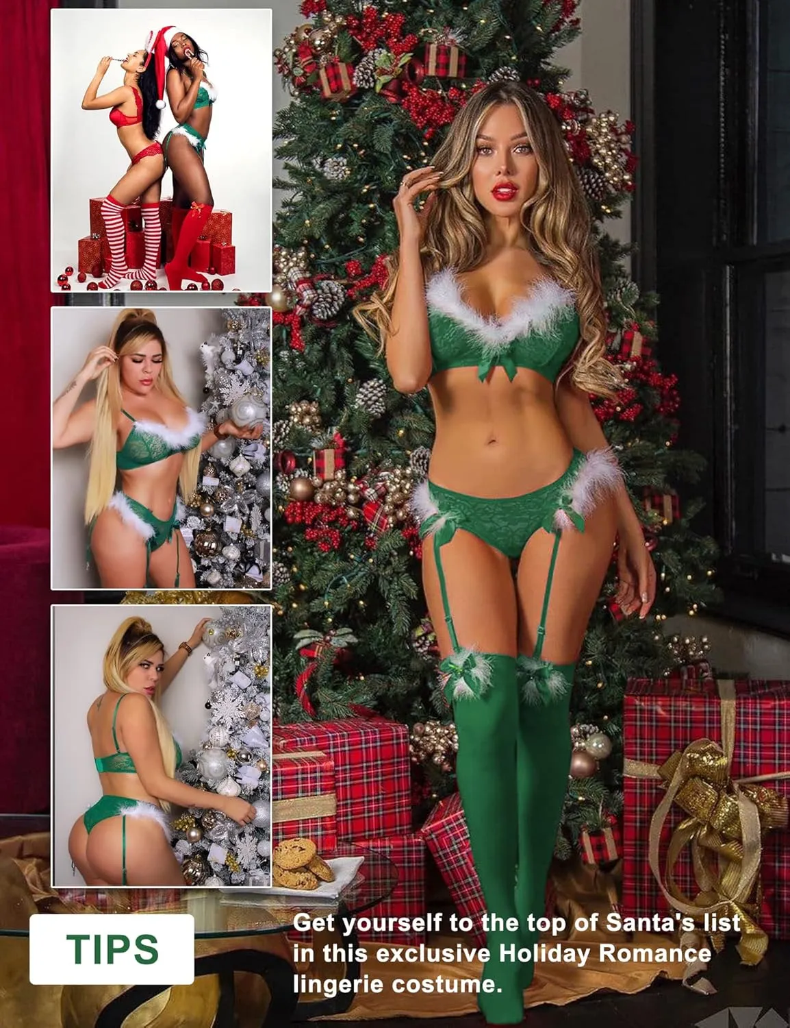RSLOVE Women's Sexy Santa Christmas Lingerie Set with Garter Belts Lace Teddy Babydoll Bodysuit