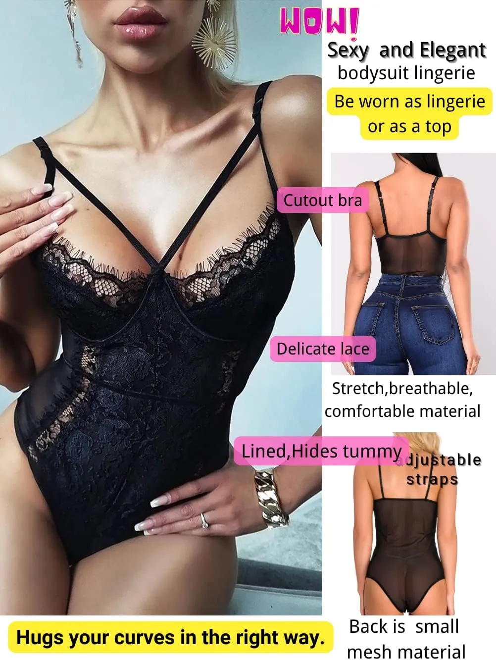 See Through Lingerie,V-Neck Lace Bodysuit,Sexy Lingerie Women,One Piece Body Suit