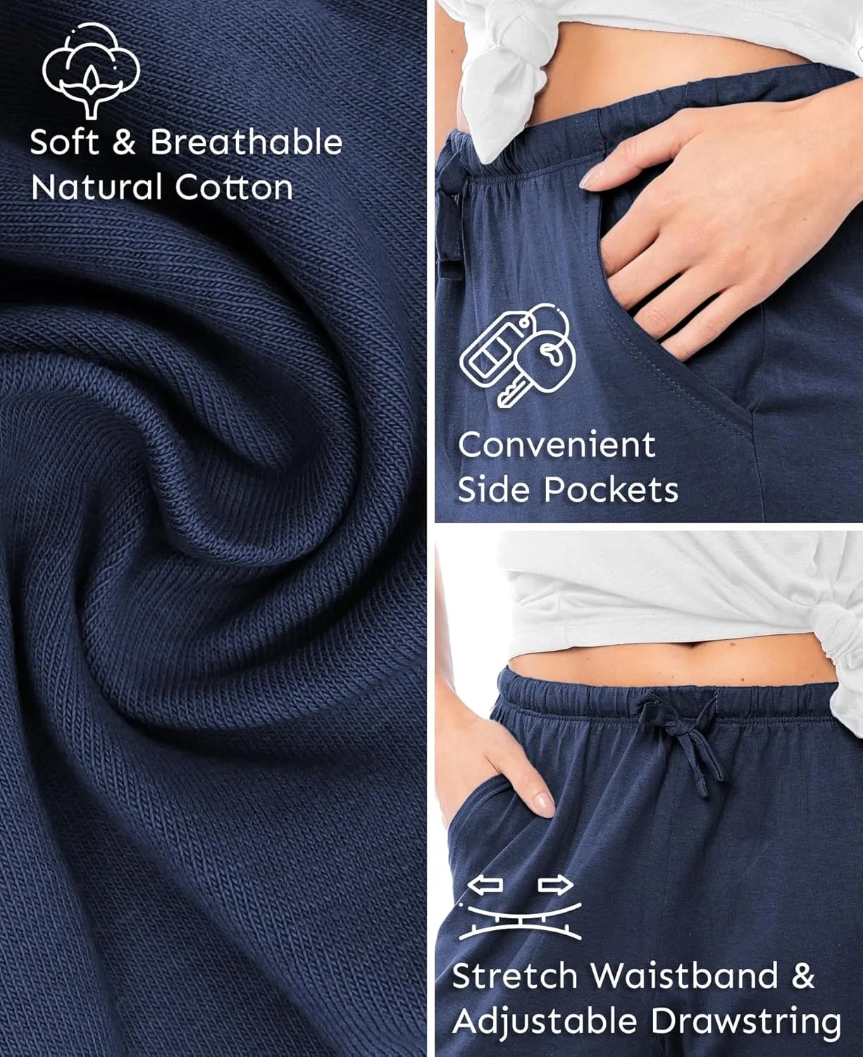 Sexy Basics Women's 3 Pack Soft Flex-Cotton Knit Pajama Pants/Lounge Pants/Sleep Pants