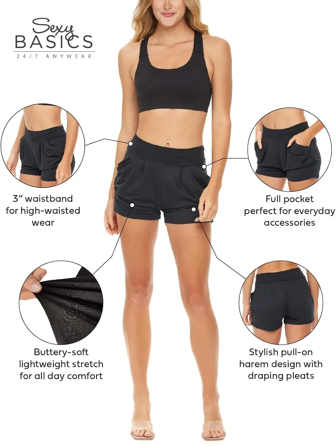 Sexy Basics Womens 6 Pack Ultra Soft High Waisted Harem Shorts with Pockets