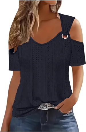 Sexy Clod Sholuder Tops for Women 2025 Summer Hollow Out Eyelet Short Sleeve T Shirts Going Out Blouses Ladies Tunic