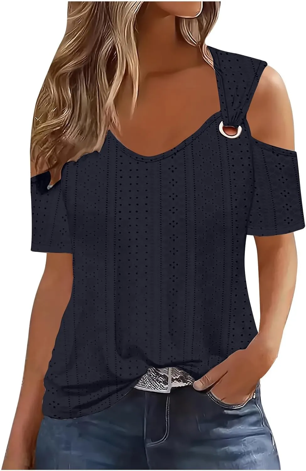 Sexy Clod Sholuder Tops for Women 2025 Summer Hollow Out Eyelet Short Sleeve T Shirts Going Out Blouses Ladies Tunic